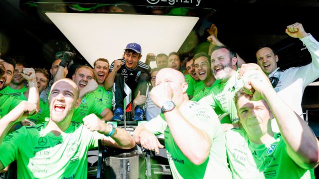 Kimi Antonelli celebrates his maiden F1 podium with Mercedes