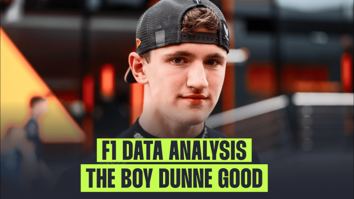 Alex Dunne eyes the camera in the F1 paddock with a banner reading: F1 data analysis: The boy Dunne good'