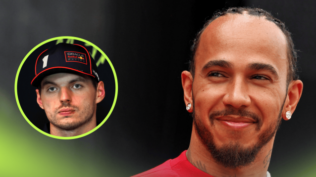 Lewis Hamilton smiling with an inset of Max Verstappen looking unimpressed