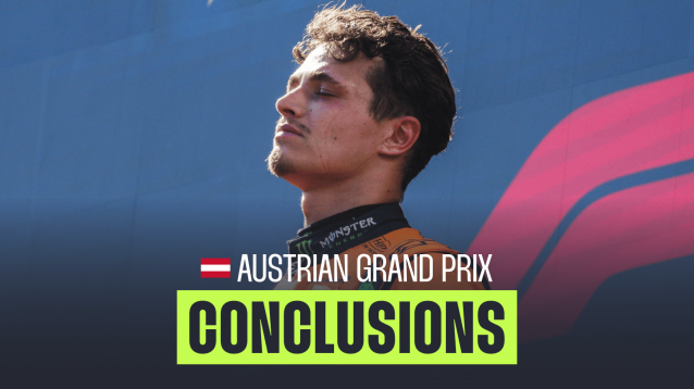 Lando Norris closes his eyes on the Austrian Grand Prix podium with a PlanetF1.com conclusions banner positioned centre-bottom