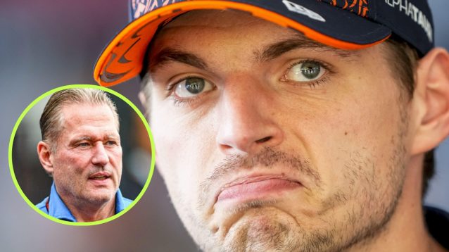Red Bull's Max Verstappen looks unimpressed at the 2025 Austrian Grand Prix, with Jos Verstappen in a circle bottom left