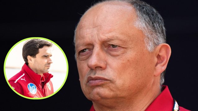 Ferrari team principal Fred Vasseur pictured against a black background, with deputy team principal Jerome D'Ambrosio in a circle bottom left