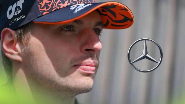 Red Bull's Max Verstappen pictured at the 2025 Austrian Grand Prix, looking in the direction of a Mercedes badge on his right