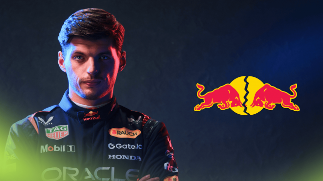 A moody shot of Max Verstappen with his arms crossed and a cracked Red Bull logo alongside him