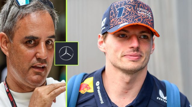 Max Verstappen pictured at the 2025 Austrian Grand Prix, with the Mercedes logo, and former F1 driver Juan Pablo Montoya to his left
