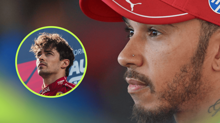 A close-up shot of Lewis Hamilton with an inset of Charles Leclerc on the podium