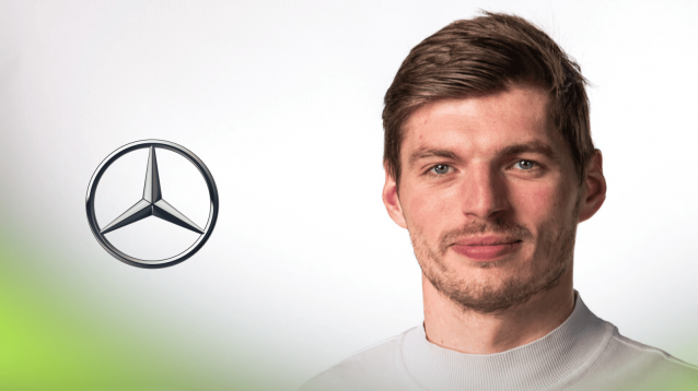 A studio shot of Max Verstappen wearing plain clothes with a Mercedes logo alongside him