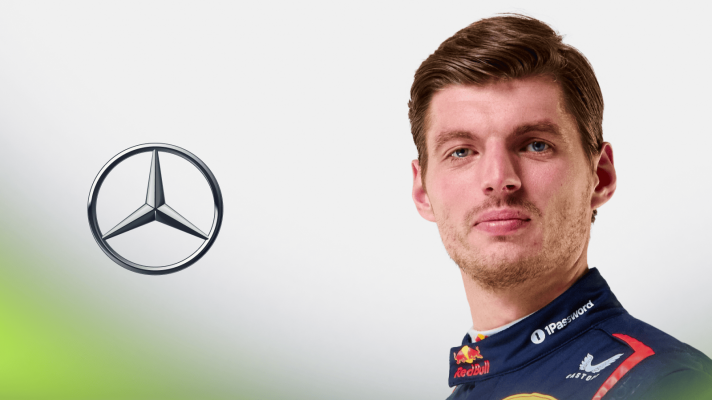 A studio shot of Max Verstappen in Red Bull overalls with a prominent Mercedes logo alongside him