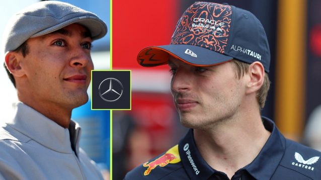 Red Bull's Max Verstappen looks towards Mercedes' George Russell, and the Mercedes badge, to his left