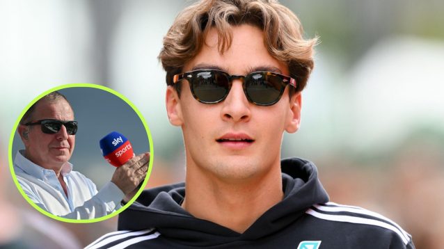 George Russell pictured at the 2025 British Grand Prix, with Martin Brundle, holding a Sky microphone, in a circle on his left