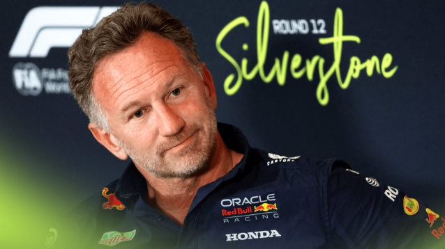 Christian Horner looks on in a press conference