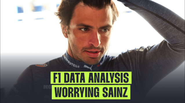 Carlos Sainz looking stressed with a banner reading: 'F1 data analysis: Worrying Sainz'
