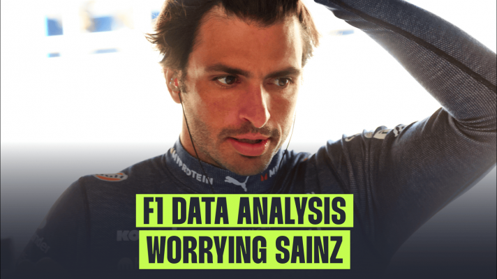Carlos Sainz looking stressed with a banner reading: 'F1 data analysis: Worrying Sainz'