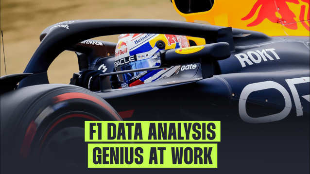 A close-up shot of Max Verstappen driving the Red Bull RB21 with a banner reading: 'F1 data analysis: Genius at work'