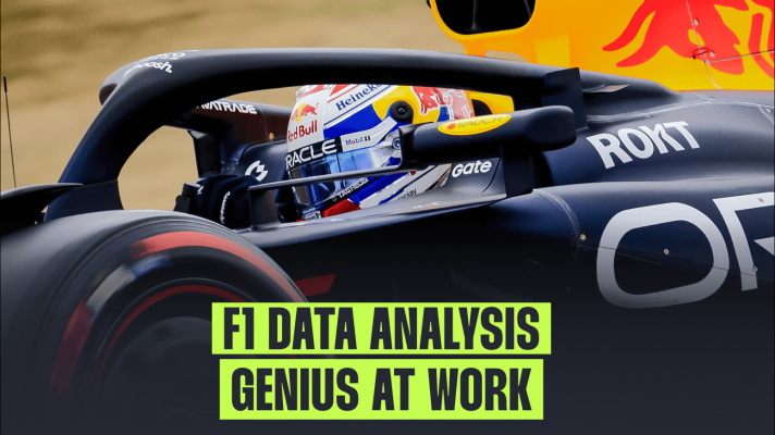 A close-up shot of Max Verstappen driving the Red Bull RB21 with a banner reading: 'F1 data analysis: Genius at work'