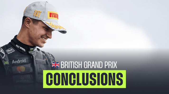 Lando Norris smiles as he sprays champagne on the podium at Silverstone with grey clouds in the background and a PlanetF1.com conclusions banner positioned centre-bottom
