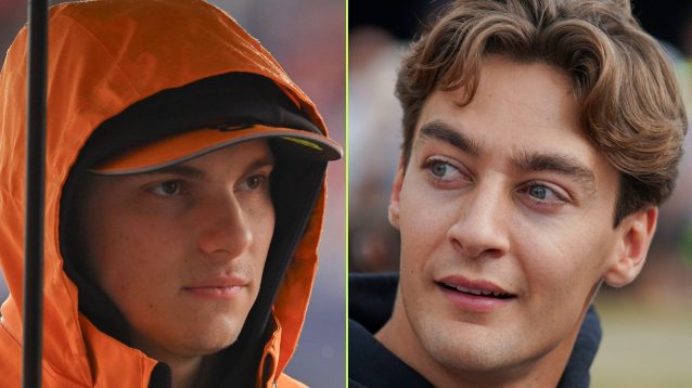 On the left, McLaren driver Oscar Piastri, and on the right, Mercedes' George Russell