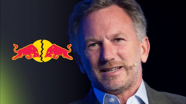 Former Red Bull team principal Christian Horner with a broken Red Bull logo to his left