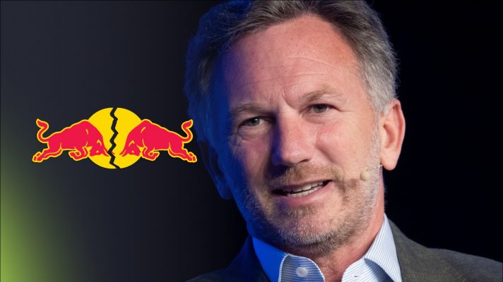 Former Red Bull team principal Christian Horner with a broken Red Bull logo to his left