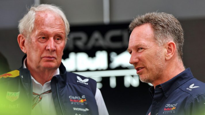 Helmut Marko and Christian Horner in the Red Bull garage.