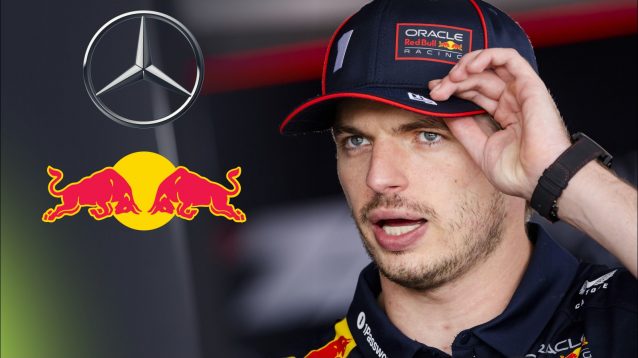 Max Verstappen adjusts his Red Bull cap at the 2025 British Grand Prix, as a Red Bull and Mercedes logo appears to his left