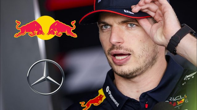 Max Verstappen with the Red Bull and Mercedes logos