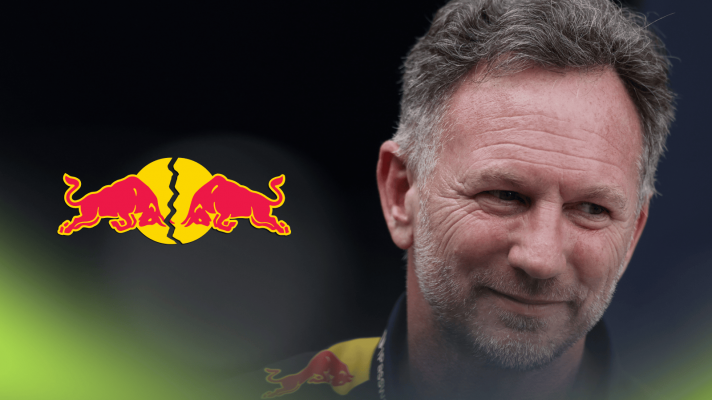 Christian Horner looks on with a cracked Red Bull logo alongside him