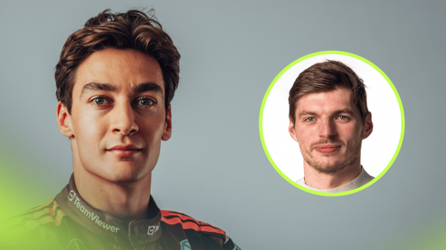 A studio shot of George Russell in Mercedes overalls with an inset of Max Verstappen