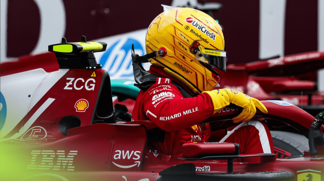 Lewis Hamilton climbs out of his Ferrari SF-25 in parc ferme at Silverstone