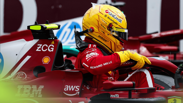 Lewis Hamilton climbs out of his Ferrari SF-25 in parc ferme at Silverstone