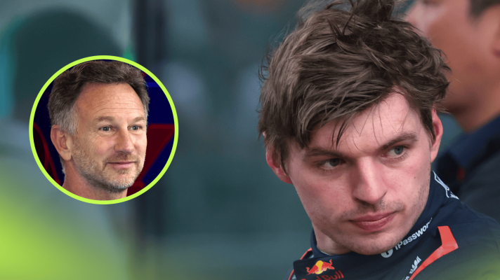Max Verstappen looks strained in parc ferme with an inset of Christian Horner alongside him