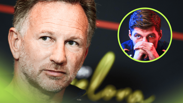 Christian Horner looks on in a press conference with an inset of Max Verstappen covering his mouth with his hands