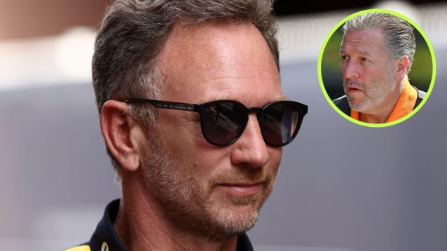 Former Red Bull team boss Christian Horner, and McLaren Racing CEO Zak Brown in a circle top right