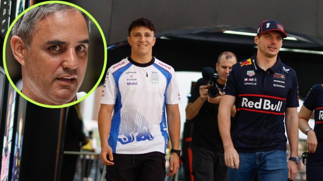 Juan Pablo Montoya, Isack Hadjar and Max Verstappen
