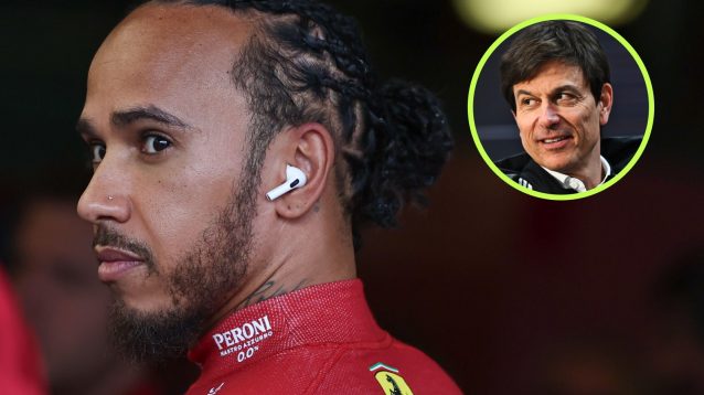 Ferrari driver Lewis Hamilton, with Mercedes team boss Toto Wolff in a circle top right