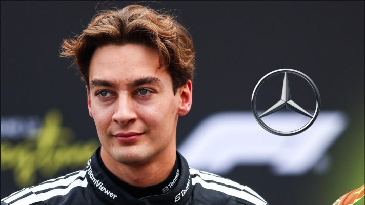 George Russell and the Mercedes logo
