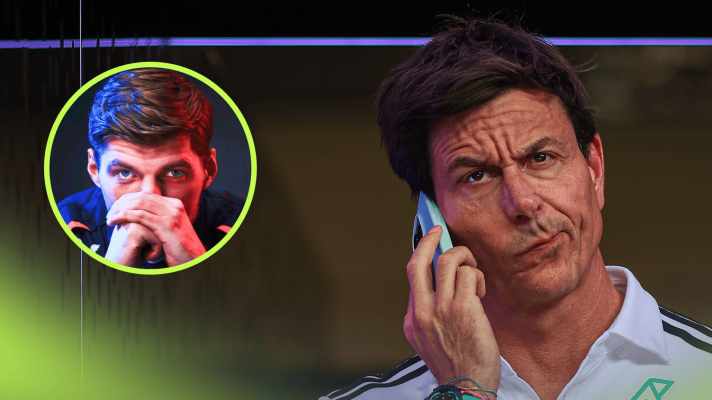 Toto Wolff looks nervous on the phone with an inset of Max Verstappen covering his mouth with his hands
