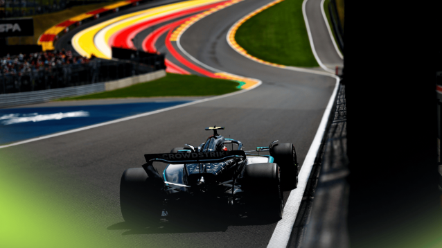 A rear-facing shot of Andrea Kimi Antonelli's on the approach to Eau Rouge at Spa