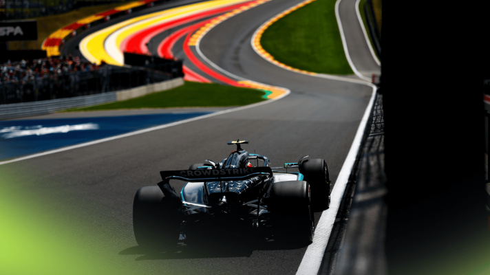 A rear-facing shot of Andrea Kimi Antonelli's on the approach to Eau Rouge at Spa