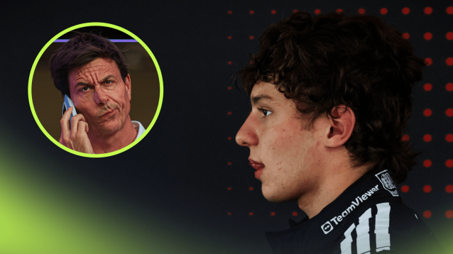 A side-profile shot of Andrea Kimi Antonelli with an inset of Toto Wolff on the phone and looking worried