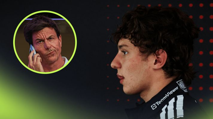 A side-profile shot of Andrea Kimi Antonelli with an inset of Toto Wolff on the phone and looking worried