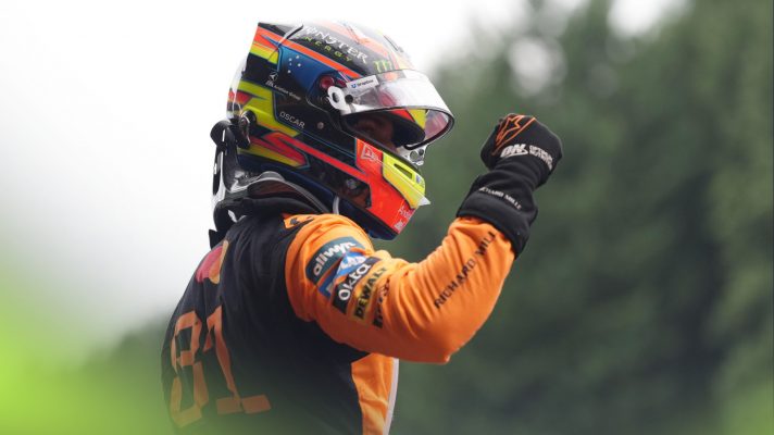 Oscar Piastri celebrates winning the 2025 Belgian Grand Prix