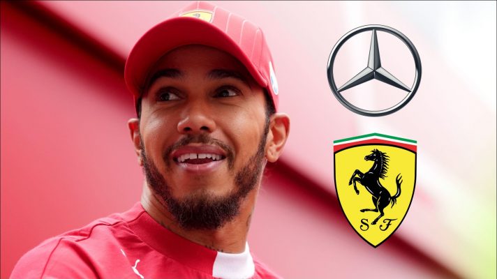Lewis Hamilton with the Ferrari and Mercedes badges