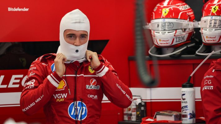 Charles Leclerc in the Ferrari garage.
