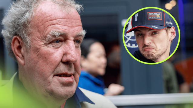 Jeremy Clarkson in the F1 paddock at Silverstone with an inset of Max Verstappen