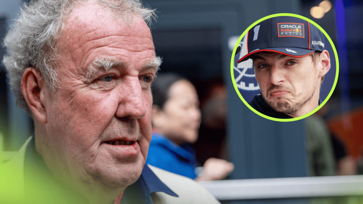 Jeremy Clarkson in the F1 paddock at Silverstone with an inset of Max Verstappen