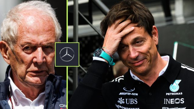On the left, Red Bull senior advisor Helmut Marko, and on the right, Mercedes team boss Toto Wolff, with a Mercedes badge between them
