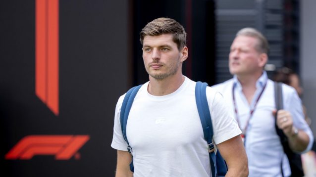 Max Verstappen arrives at the Hungaroring.
