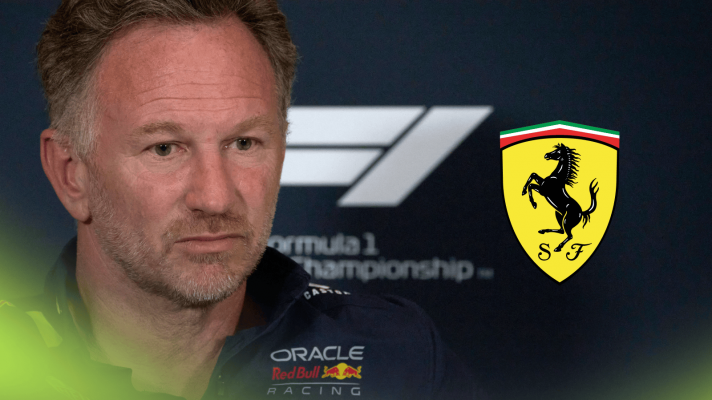Christian Horner looks on in a press conference with a prominent Ferrari logo alongside him