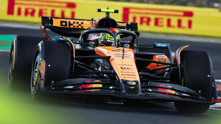 An action shot of Lando Norris's McLaren on track in Hungary